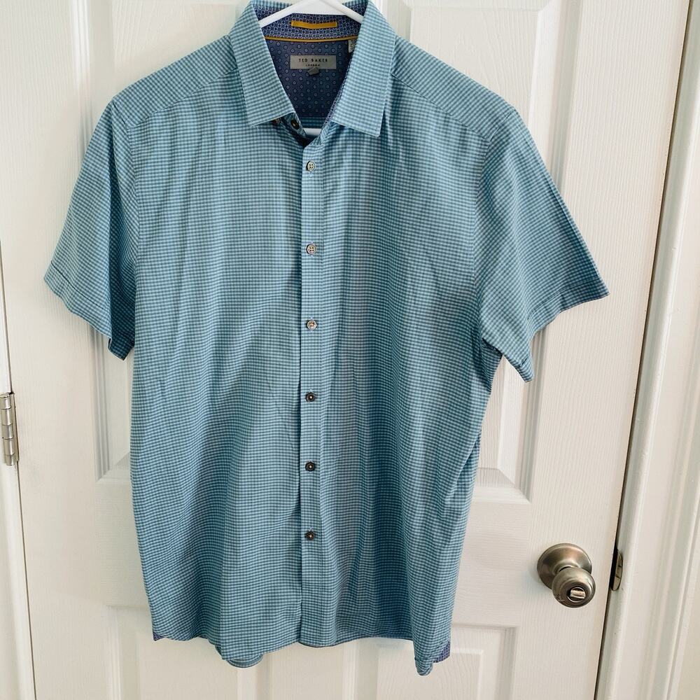 Ted Baker London Shirt Mens Size 4 Large Blue Check Button Down Short Sleeve